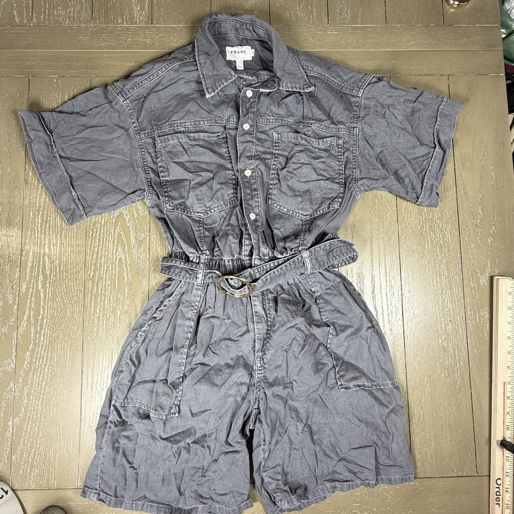 Frame Romper Womens Small‎ Gray Belted Short Sleeve Utility Jumpsuit Pockets